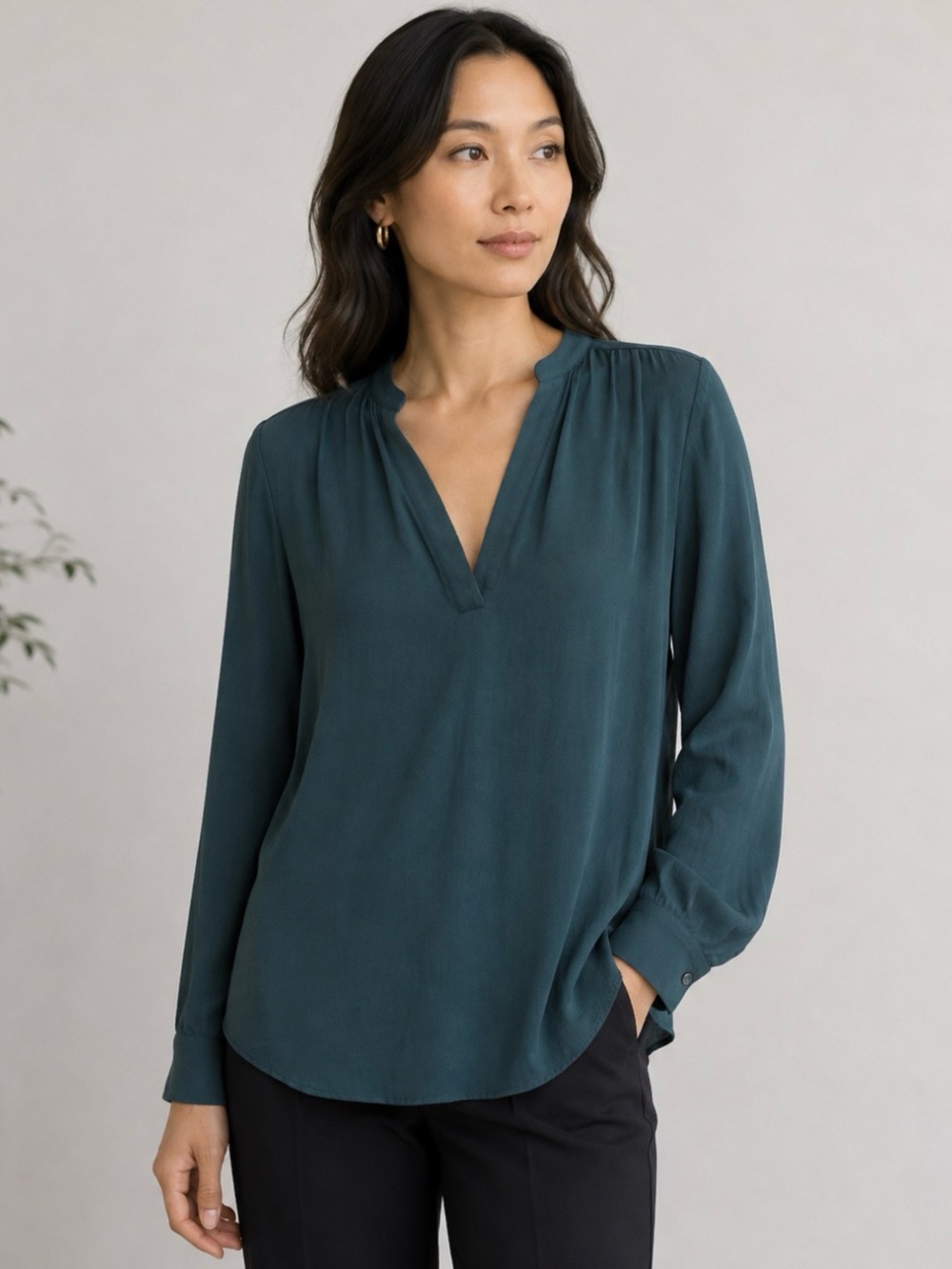 VINCE 100% Silk Popover Blouse in Cypress Green Teal | XS​